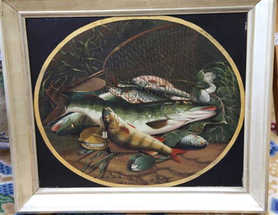 19th century English School Still life of pike and other fish, with a net and a reel 20 x 24.5in.